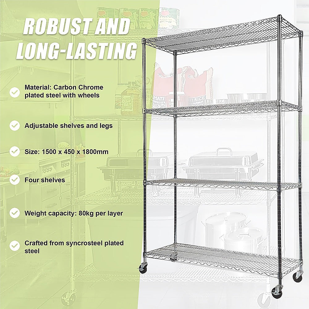 Modular Wire Storage 150x45cm Steel Shelving Chrome With Wheels For Garage Warehouse Or Kitchen Organisation V63-841191