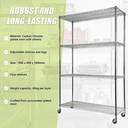 Modular Wire Storage 150x45cm Steel Shelving Chrome With Wheels For Garage Warehouse Or Kitchen Organisation V63-841191