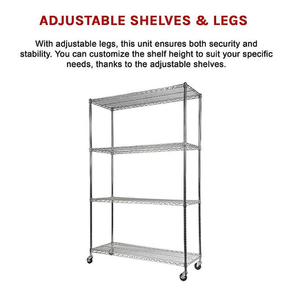 Modular Wire Storage 150x45cm Steel Shelving Chrome With Wheels For Garage Warehouse Or Kitchen Organisation V63-841191
