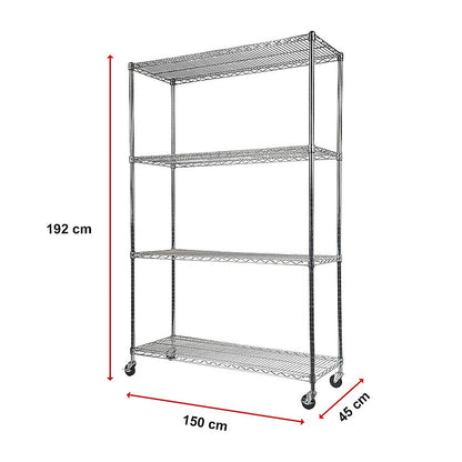 Modular Wire Storage 150x45cm Steel Shelving Chrome With Wheels For Garage Warehouse Or Kitchen Organisation V63-841191