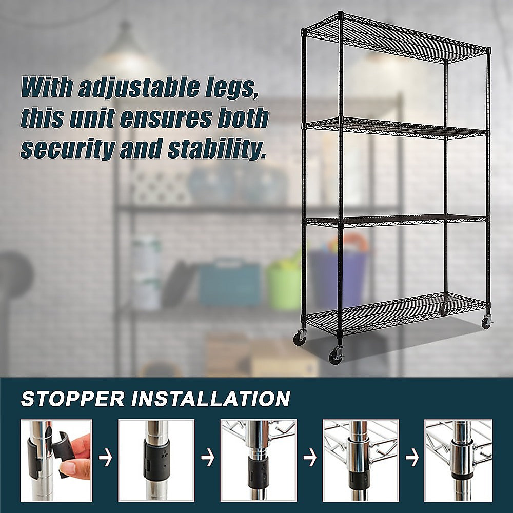 Modular Wire Storage 150x45cm Steel Shelving Black With Wheels For Garage Warehouse Or Kitchen Organisation V63-841201