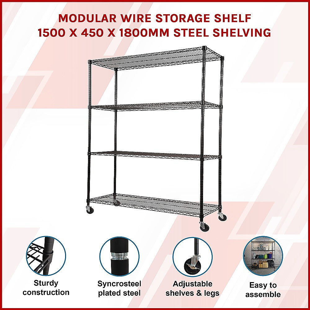 Modular Wire Storage 150x45cm Steel Shelving Black With Wheels For Garage Warehouse Or Kitchen Organisation V63-841201
