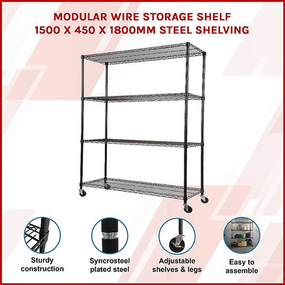 Modular Wire Storage 150x45cm Steel Shelving Black With Wheels For Garage Warehouse Or Kitchen Organisation V63-841201