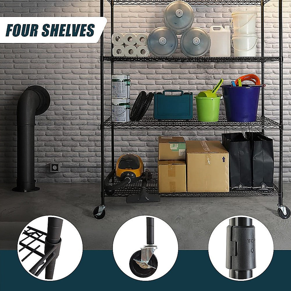 Modular Wire Storage 150x45cm Steel Shelving Black With Wheels For Garage Warehouse Or Kitchen Organisation V63-841201