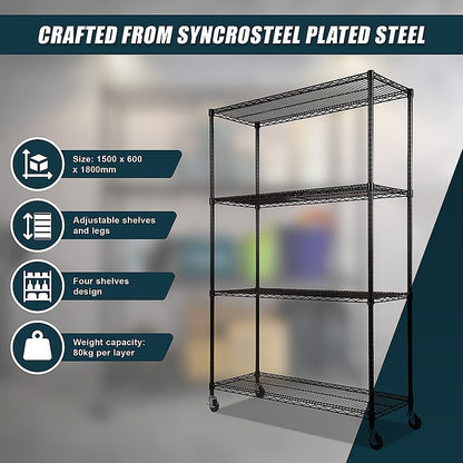 Modular Wire Storage 150x45cm Steel Shelving Black With Wheels For Garage Warehouse Or Kitchen Organisation V63-841201