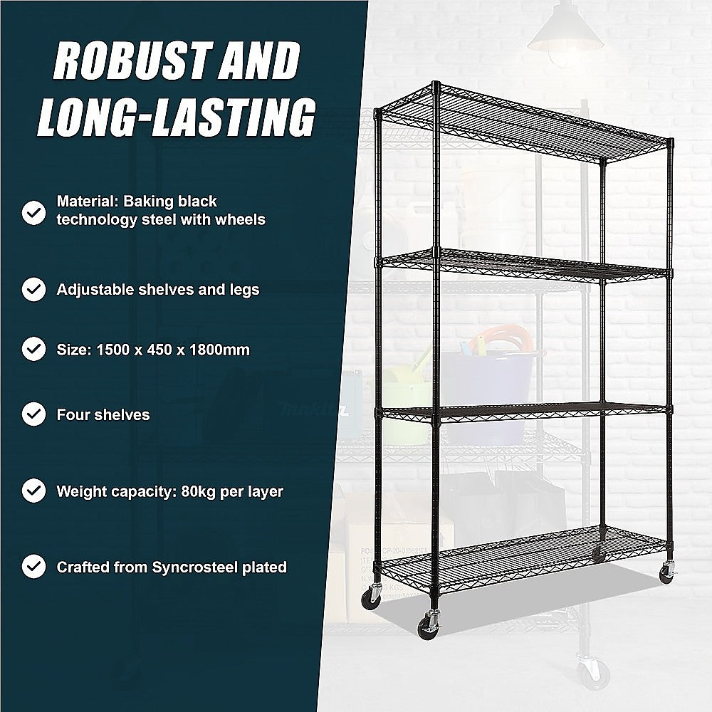 Modular Wire Storage 150x45cm Steel Shelving Black With Wheels For Garage Warehouse Or Kitchen Organisation V63-841201