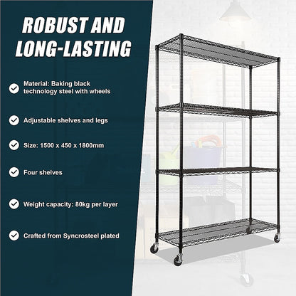 Modular Wire Storage 150x45cm Steel Shelving Black With Wheels For Garage Warehouse Or Kitchen Organisation V63-841201