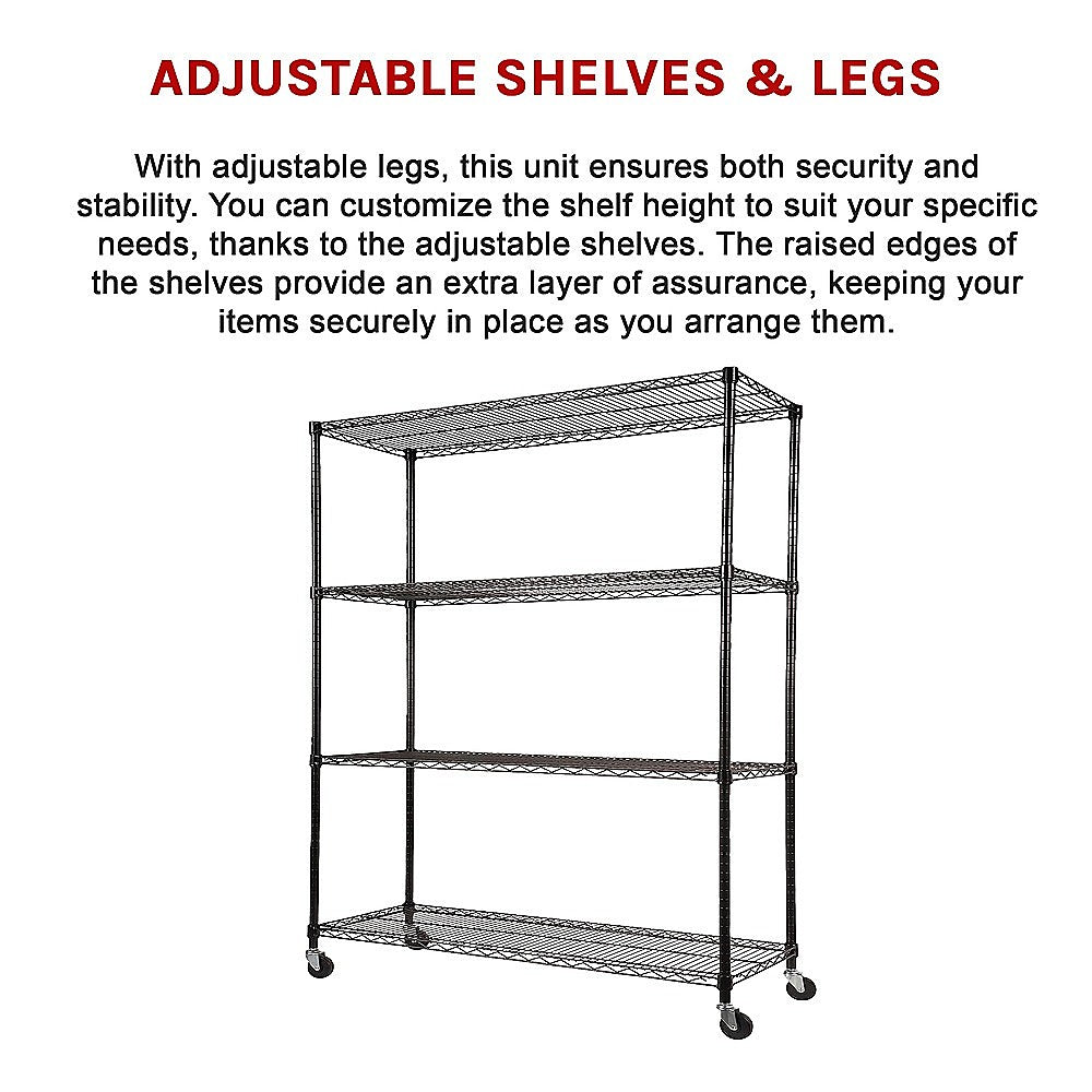 Modular Wire Storage 150x45cm Steel Shelving Black With Wheels For Garage Warehouse Or Kitchen Organisation V63-841201