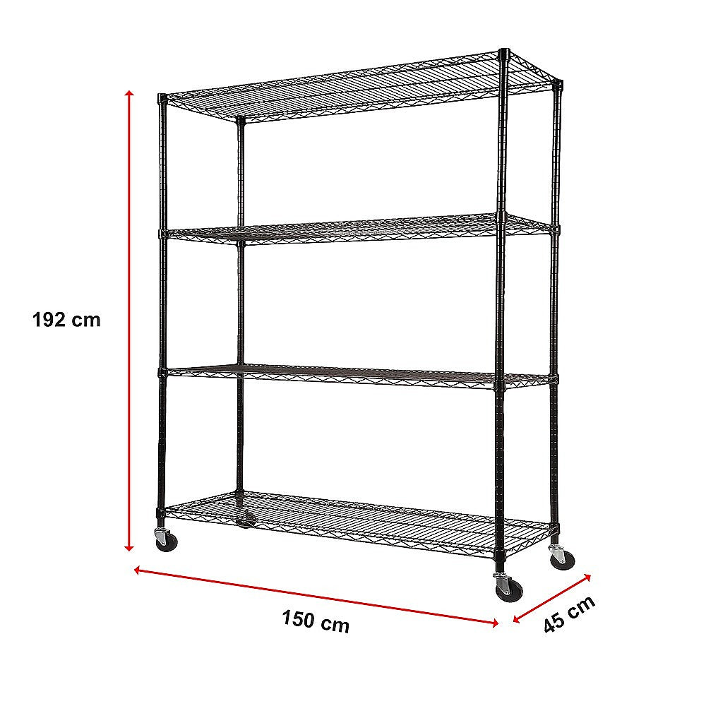 Modular Wire Storage 150x45cm Steel Shelving Black With Wheels For Garage Warehouse Or Kitchen Organisation V63-841201