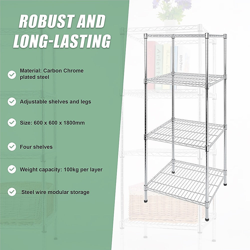 Modular Wire Storage 60x60cm Steel Shelving Chrome With Fixed Legs For Garage Warehouse Or Kitchen V63-841221