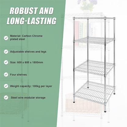 Modular Wire Storage 60x60cm Steel Shelving Chrome With Fixed Legs For Garage Warehouse Or Kitchen V63-841221