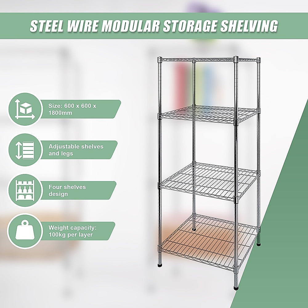 Modular Wire Storage 60x60cm Steel Shelving Chrome With Fixed Legs For Garage Warehouse Or Kitchen V63-841221