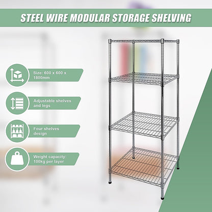 Modular Wire Storage 60x60cm Steel Shelving Chrome With Fixed Legs For Garage Warehouse Or Kitchen V63-841221