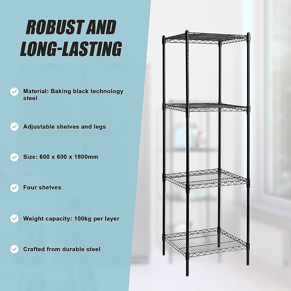 Modular Wire Storage 60x60cm Steel Shelving Black With Fixed Legs For Garage Warehouse Or Kitchen Organisation V63-841231