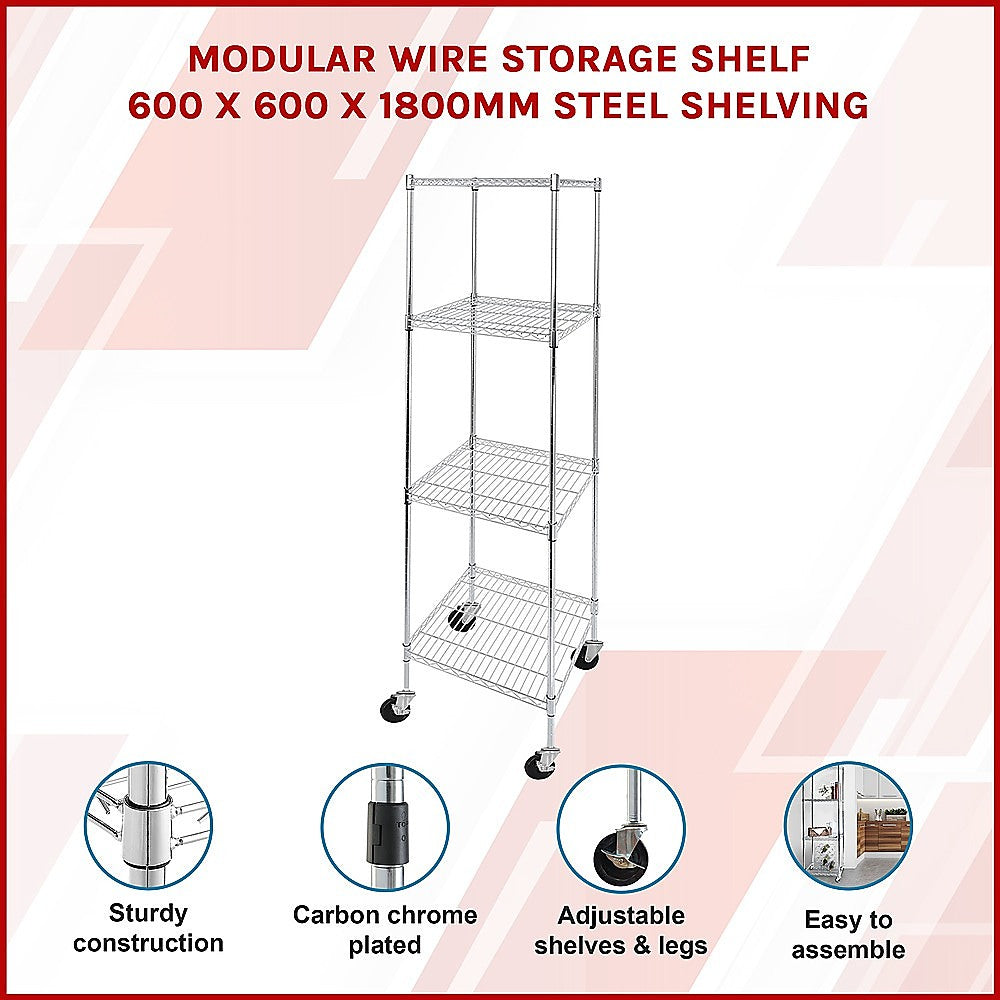 Modular Wire Storage 60x60cm Steel Shelving Chrome With Wheels For Garage Warehouse Or Kitchen Organisation V63-841241