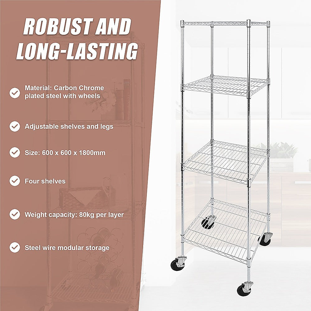 Modular Wire Storage 60x60cm Steel Shelving Chrome With Wheels For Garage Warehouse Or Kitchen Organisation V63-841241