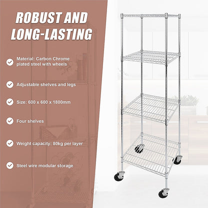 Modular Wire Storage 60x60cm Steel Shelving Chrome With Wheels For Garage Warehouse Or Kitchen Organisation V63-841241
