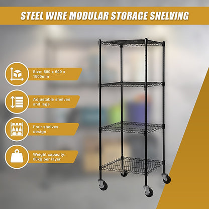 Modular Wire Storage 60x60cm Steel Shelving Black With Wheels For Garage Warehouse Or Kitchen Organisation V63-841251