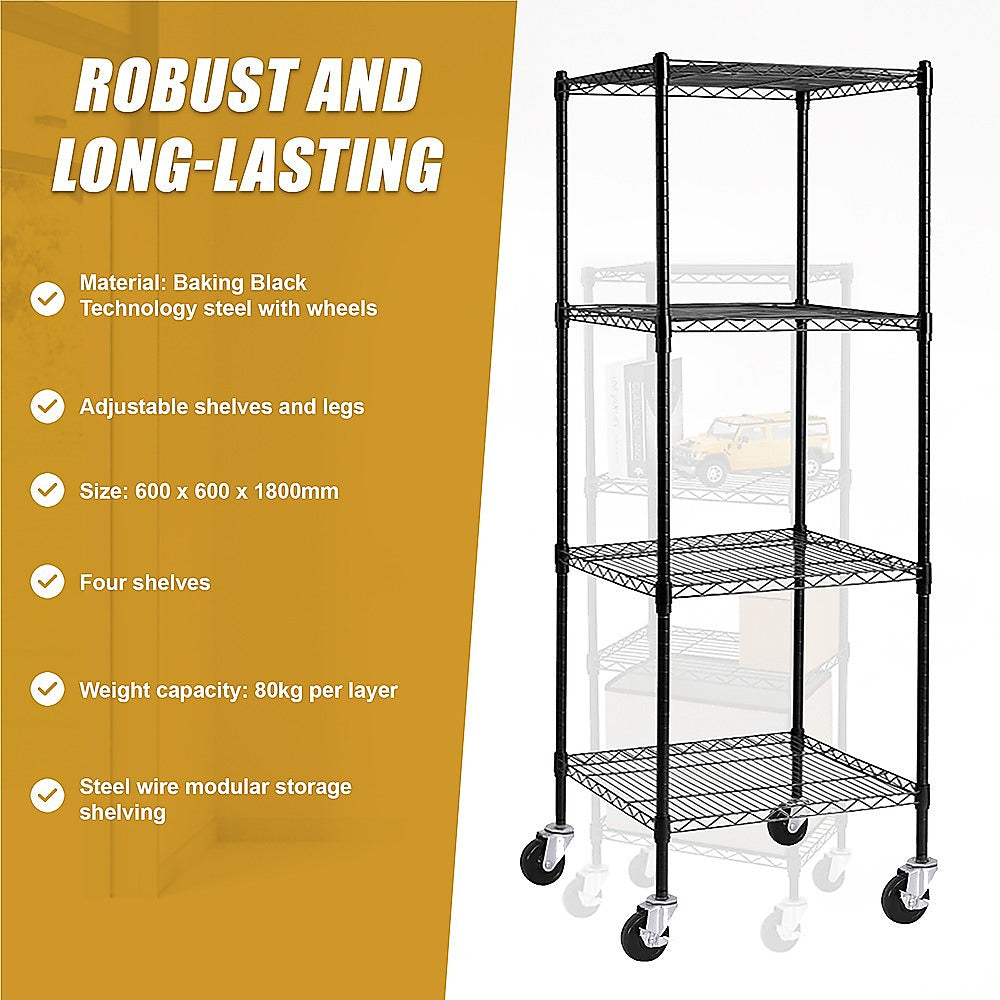 Modular Wire Storage 60x60cm Steel Shelving Black With Wheels For Garage Warehouse Or Kitchen Organisation V63-841251