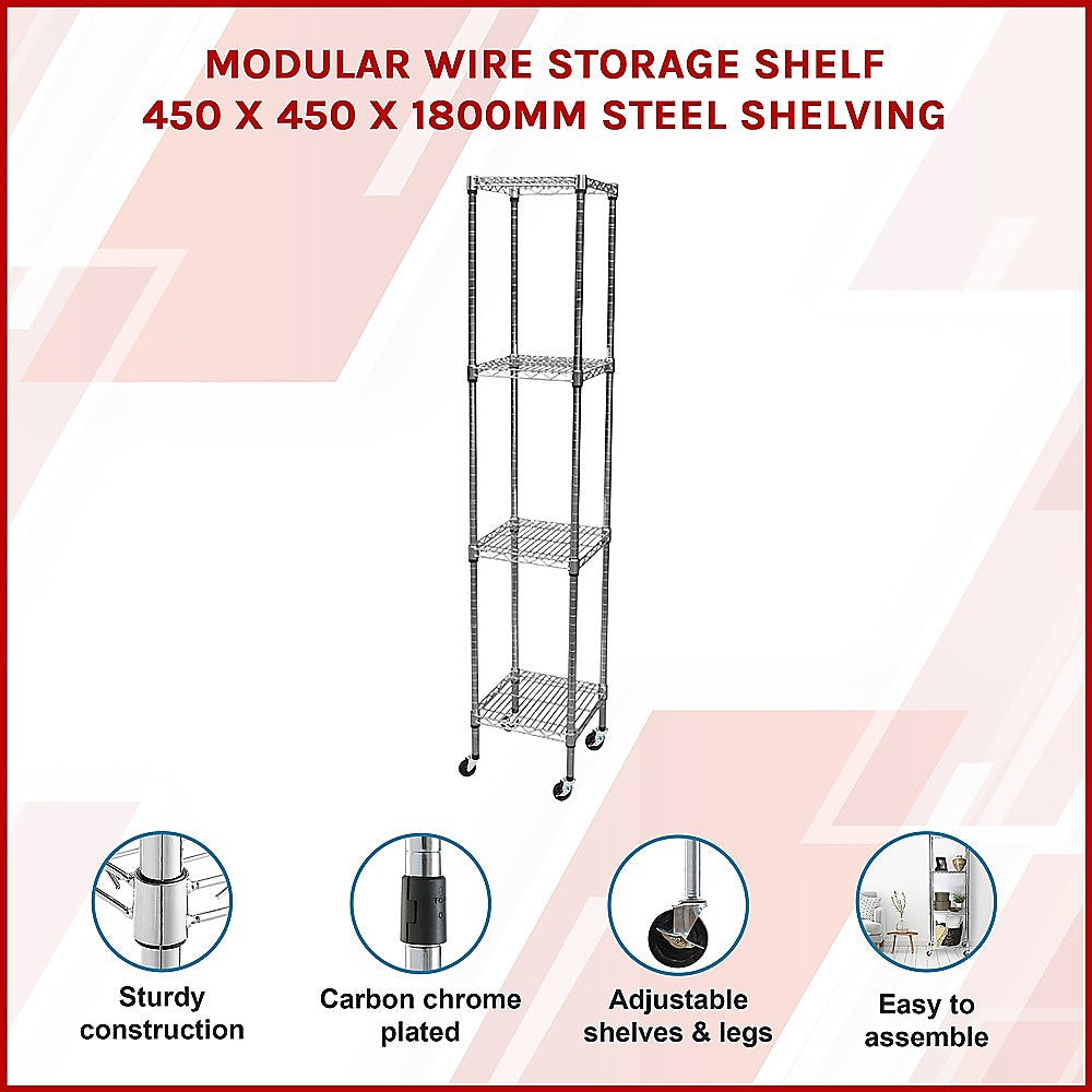 Modular Wire Storage 45x45cm Steel Shelving Chrome With Wheels For Garage Warehouse Or Kitchen Organisation V63-841291