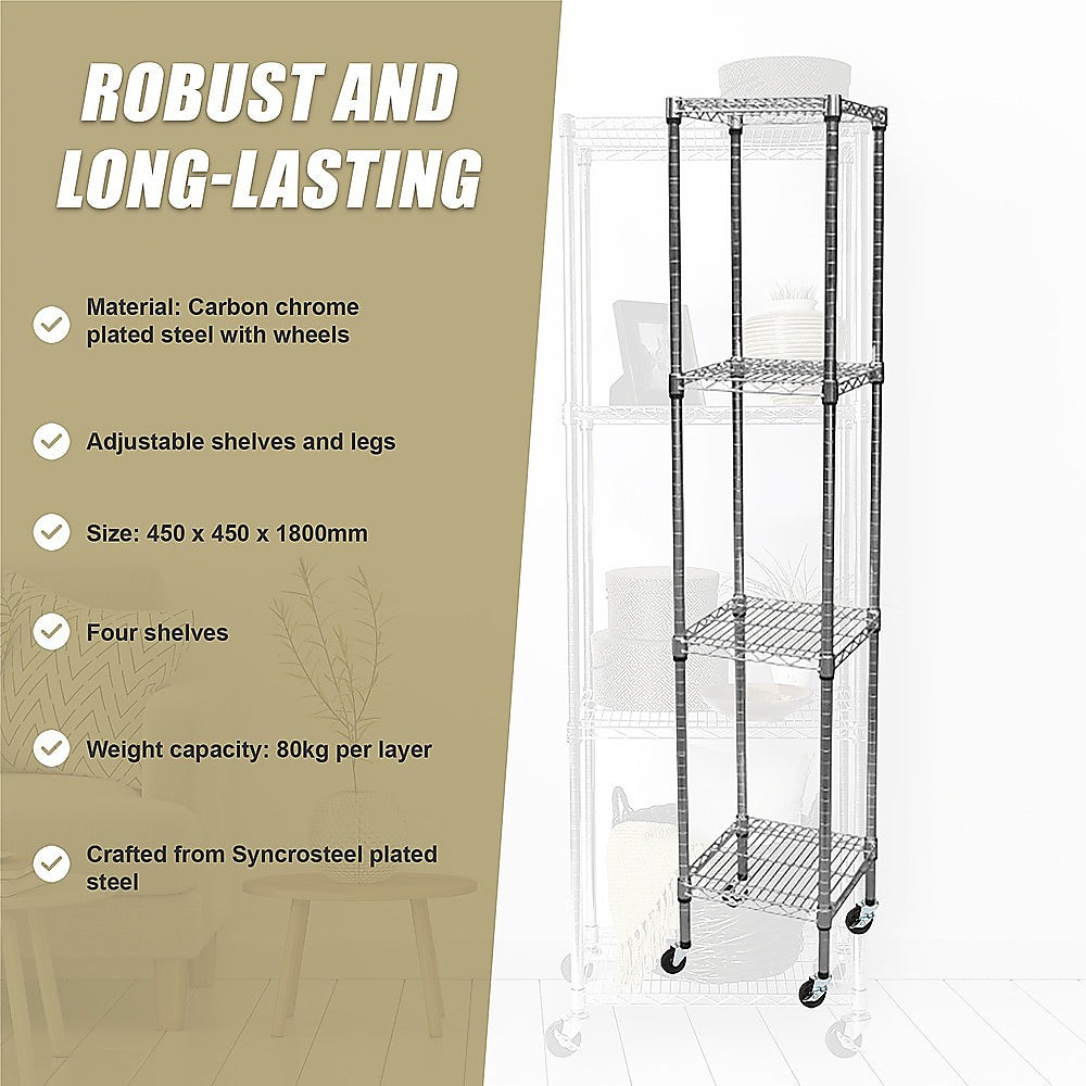Modular Wire Storage 45x45cm Steel Shelving Chrome With Wheels For Garage Warehouse Or Kitchen Organisation V63-841291