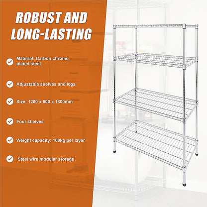 Modular Wire Storage 120x60cm Steel Shelving Chrome With Fixed Legs For Garage Warehouse Or Kitchen V63-841321