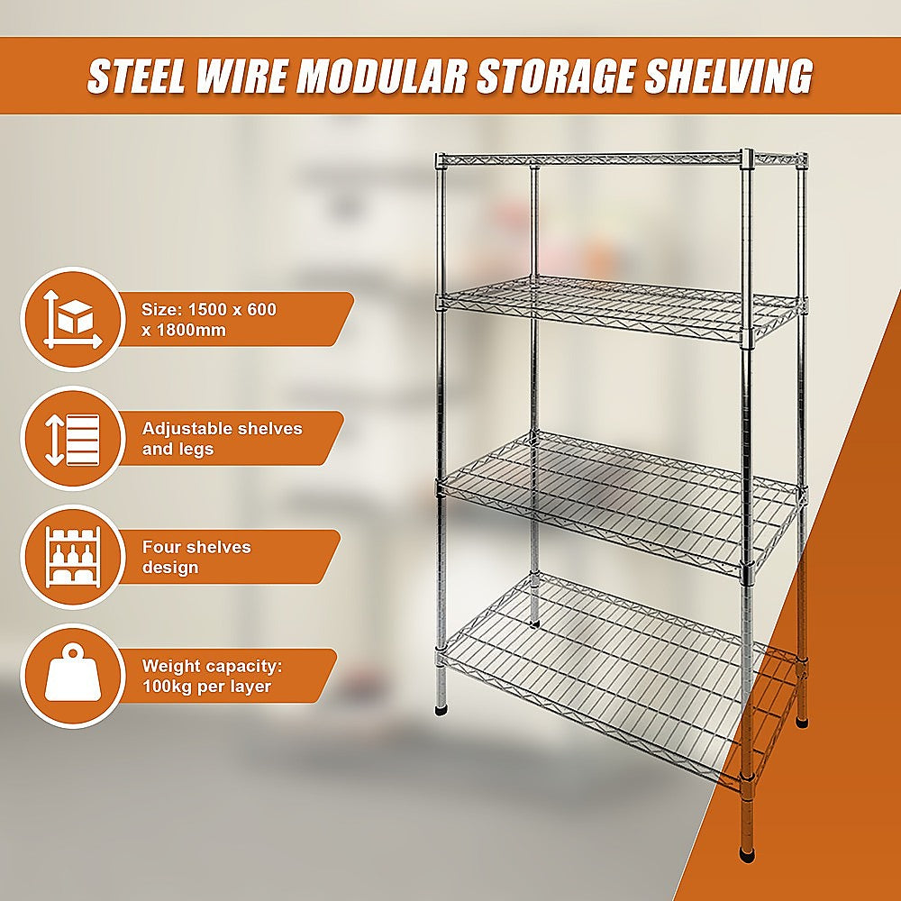 Modular Wire Storage 120x60cm Steel Shelving Chrome With Fixed Legs For Garage Warehouse Or Kitchen V63-841321