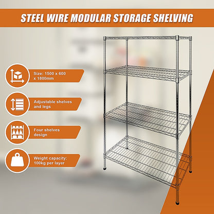 Modular Wire Storage 120x60cm Steel Shelving Chrome With Fixed Legs For Garage Warehouse Or Kitchen V63-841321
