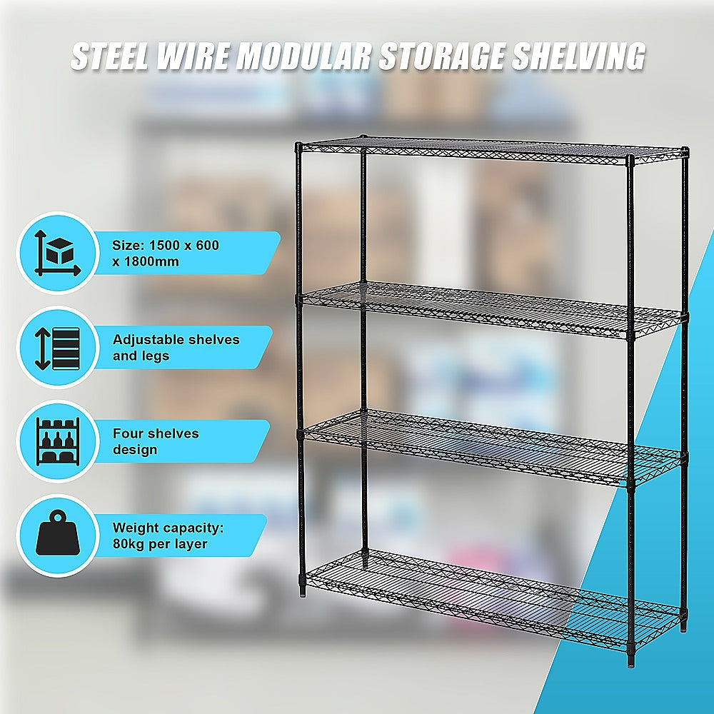 Modular Wire Storage 120x60cm Steel Shelving Black With Fixed Legs For Garage Warehouse Or Kitchen V63-841331