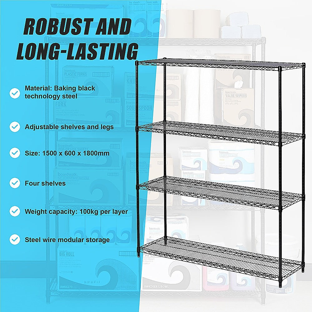 Modular Wire Storage 120x60cm Steel Shelving Black With Fixed Legs For Garage Warehouse Or Kitchen V63-841331