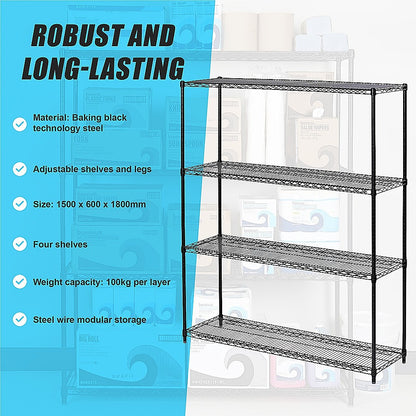 Modular Wire Storage 120x60cm Steel Shelving Black With Fixed Legs For Garage Warehouse Or Kitchen V63-841331