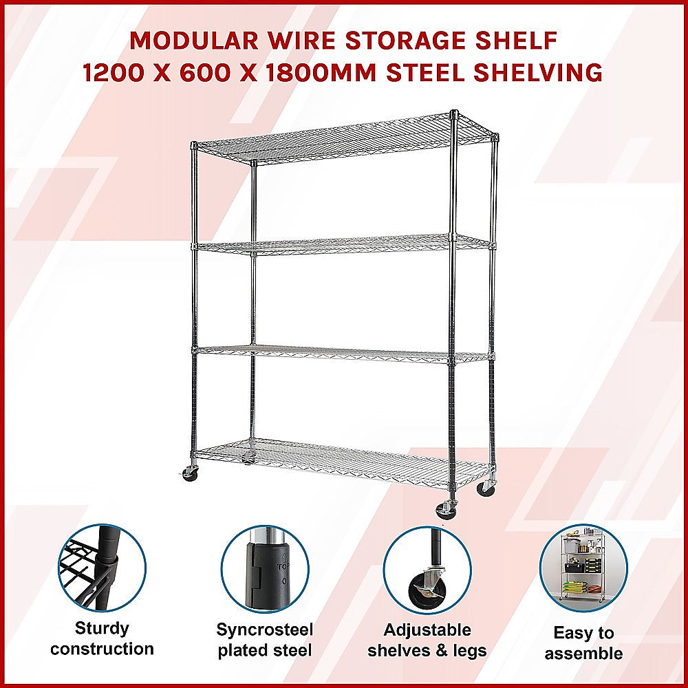 Modular Wire Storage 120x60cm Steel Shelving Chrome With Wheels For Garage Warehouse Or Kitchen Organisation V63-841341
