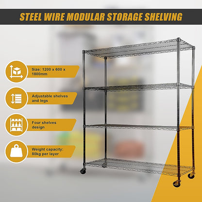 Modular Wire Storage 120x60cm Steel Shelving Chrome With Wheels For Garage Warehouse Or Kitchen Organisation V63-841341