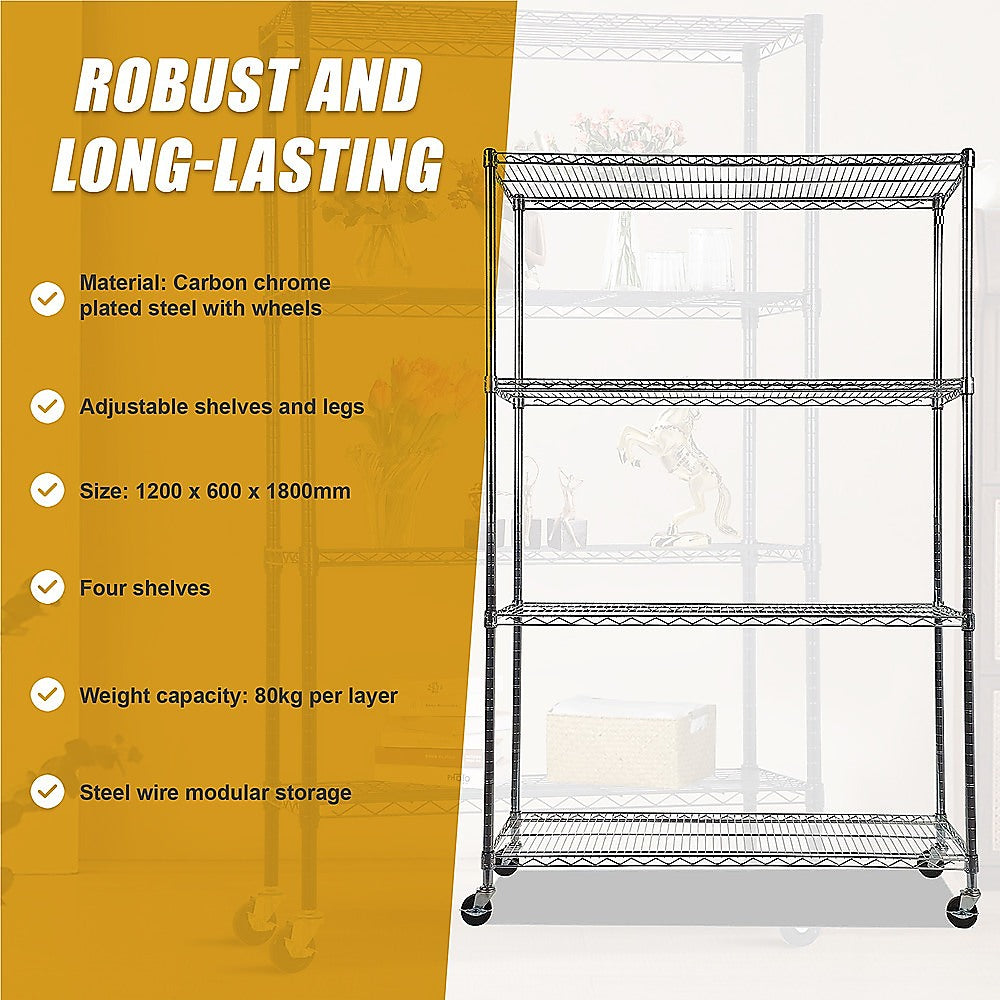 Modular Wire Storage 120x60cm Steel Shelving Chrome With Wheels For Garage Warehouse Or Kitchen Organisation V63-841341