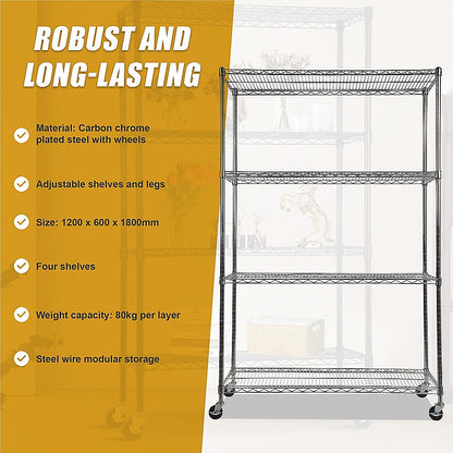 Modular Wire Storage 120x60cm Steel Shelving Chrome With Wheels For Garage Warehouse Or Kitchen Organisation V63-841341