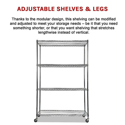 Modular Wire Storage 120x60cm Steel Shelving Chrome With Wheels For Garage Warehouse Or Kitchen Organisation V63-841341