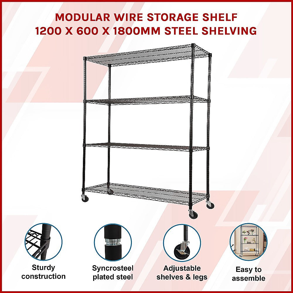 Modular Wire Storage 120x60cm Steel Shelving Black With Wheels For Garage Warehouse Or Kitchen Organisation V63-841351