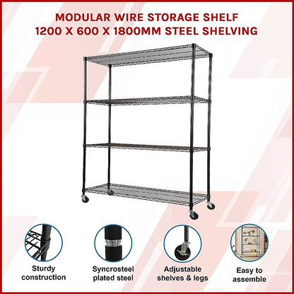 Modular Wire Storage 120x60cm Steel Shelving Black With Wheels For Garage Warehouse Or Kitchen Organisation V63-841351