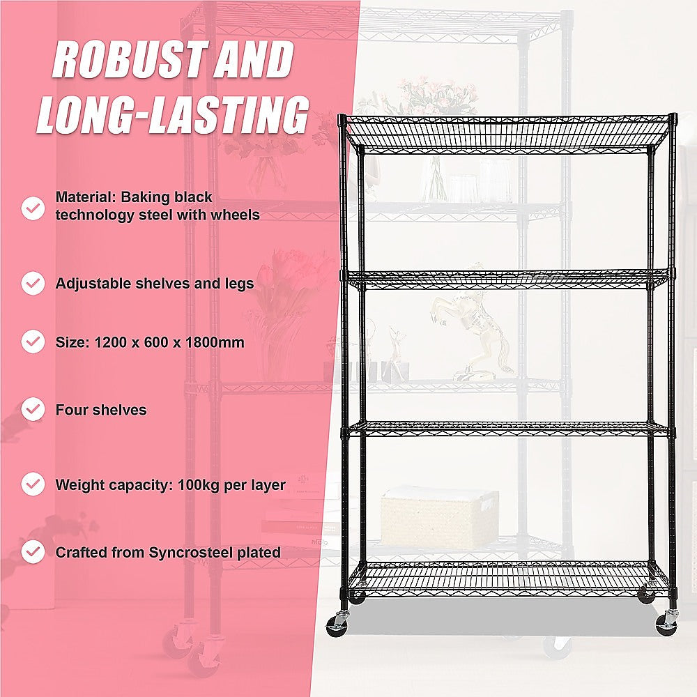 Modular Wire Storage 120x60cm Steel Shelving Black With Wheels For Garage Warehouse Or Kitchen Organisation V63-841351