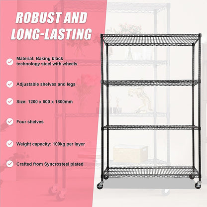 Modular Wire Storage 120x60cm Steel Shelving Black With Wheels For Garage Warehouse Or Kitchen Organisation V63-841351