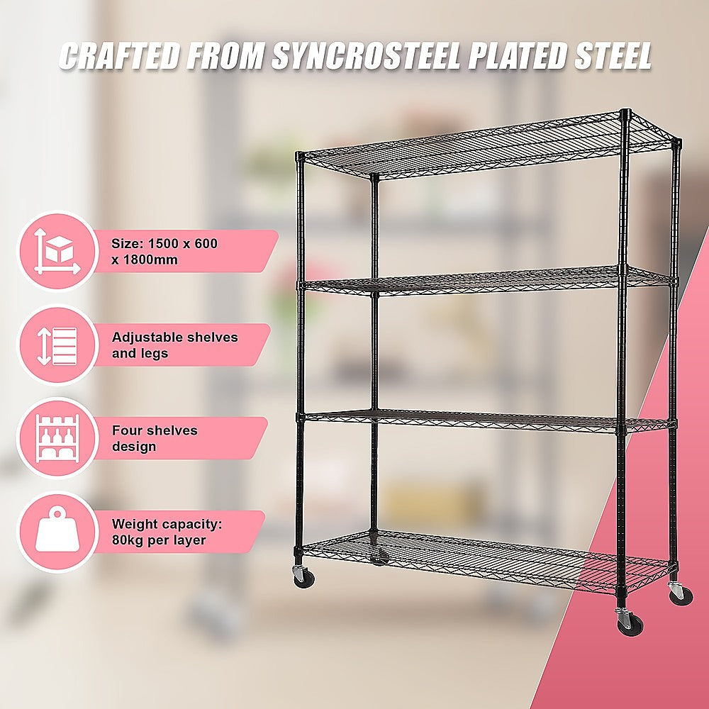 Modular Wire Storage 120x60cm Steel Shelving Black With Wheels For Garage Warehouse Or Kitchen Organisation V63-841351