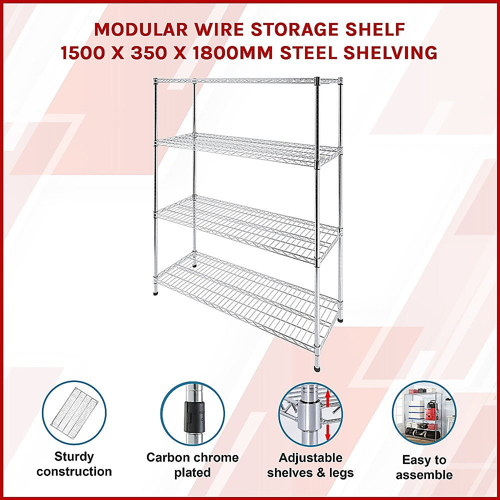 Modular Wire Storage 150x35cm Steel Shelving Chrome With Fixed Legs For Garage Warehouse Or Kitchen V63-841371
