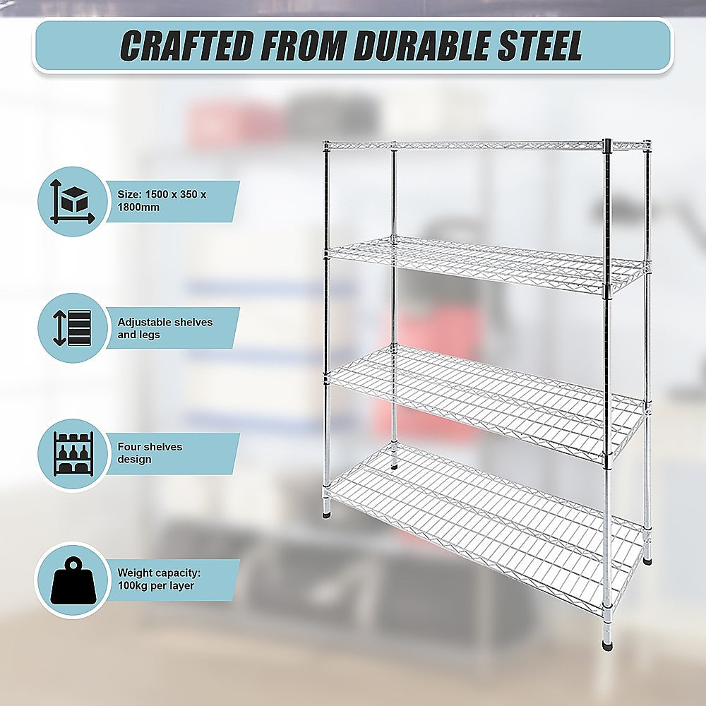 Modular Wire Storage 150x35cm Steel Shelving Chrome With Fixed Legs For Garage Warehouse Or Kitchen V63-841371