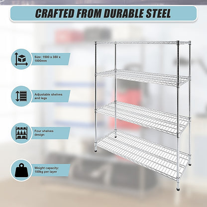 Modular Wire Storage 150x35cm Steel Shelving Chrome With Fixed Legs For Garage Warehouse Or Kitchen V63-841371