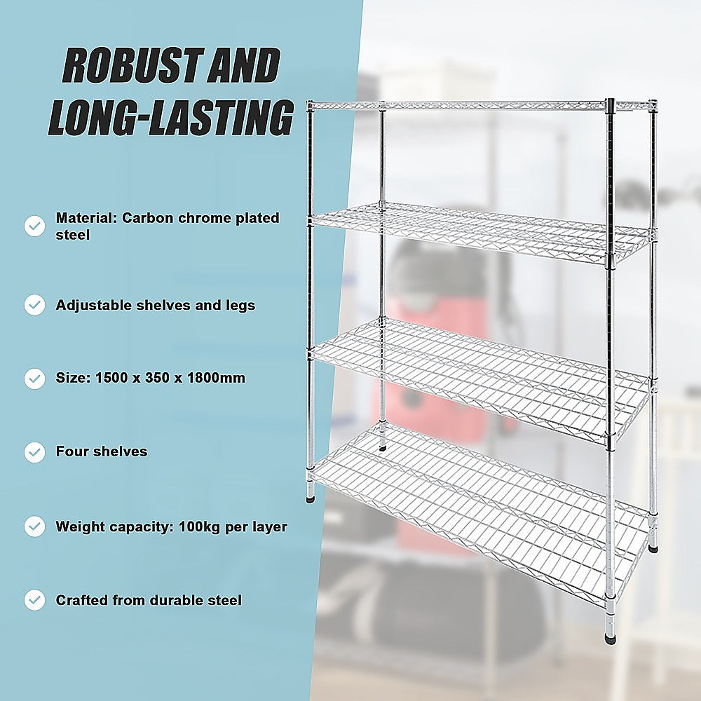 Modular Wire Storage 150x35cm Steel Shelving Chrome With Fixed Legs For Garage Warehouse Or Kitchen V63-841371