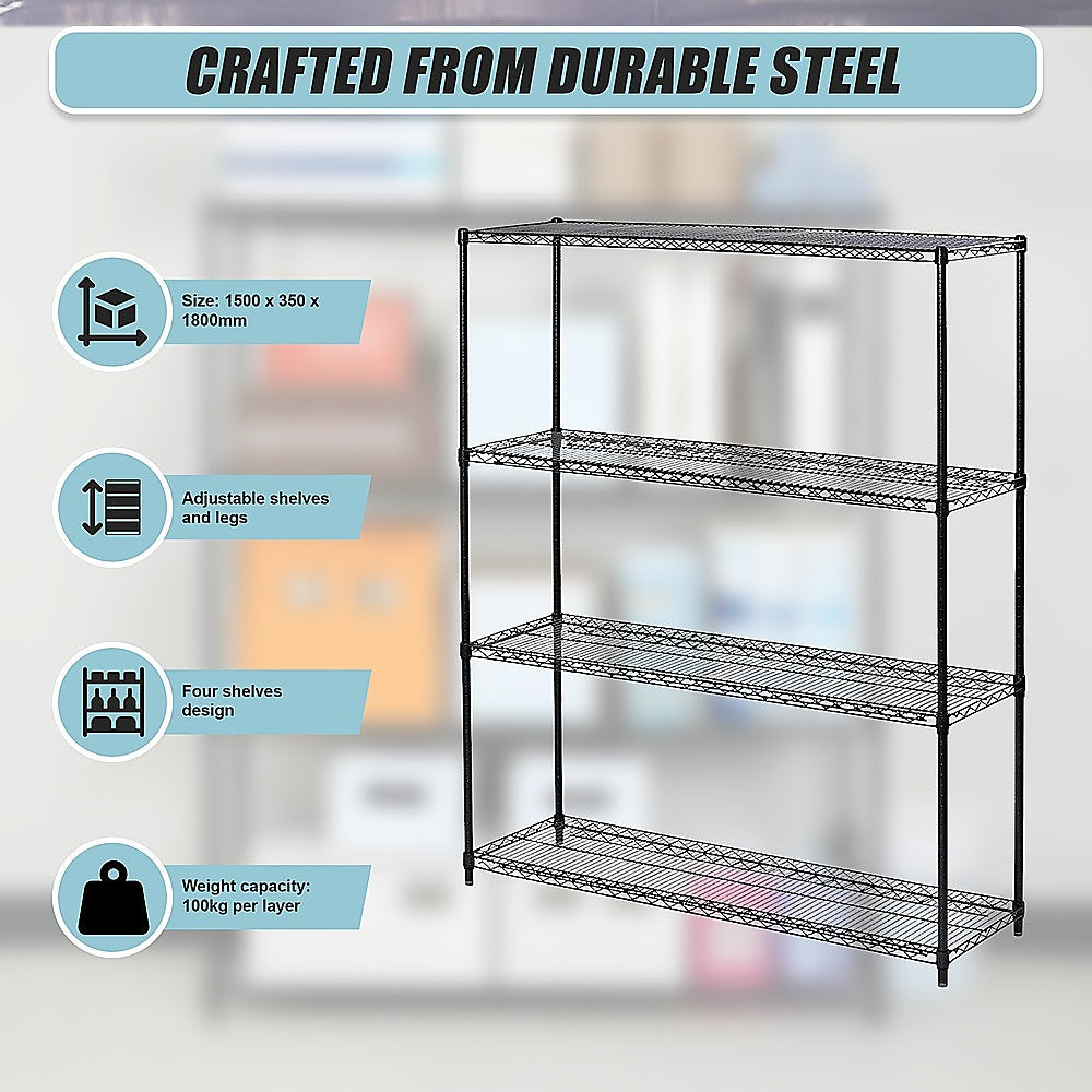 Modular Wire Storage 150x35cm Steel Shelving Black With Fixed Legs For Garage Warehouse Or Kitchen V63-841381