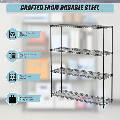 Modular Wire Storage 150x35cm Steel Shelving Black With Fixed Legs For Garage Warehouse Or Kitchen V63-841381