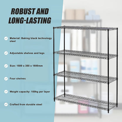 Modular Wire Storage 150x35cm Steel Shelving Black With Fixed Legs For Garage Warehouse Or Kitchen V63-841381