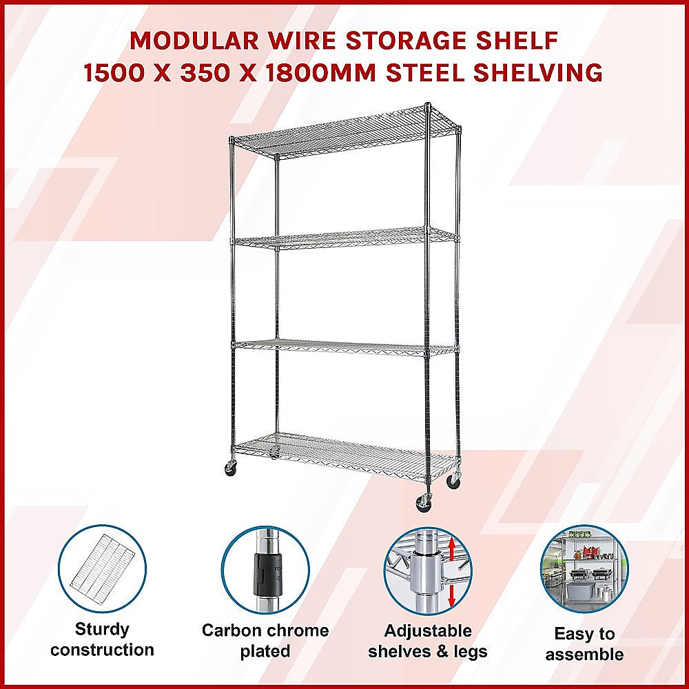 Modular Wire Storage 150x35cm Steel Shelving Chrome With Wheels For Garage Warehouse Or Kitchen Organisation V63-841391