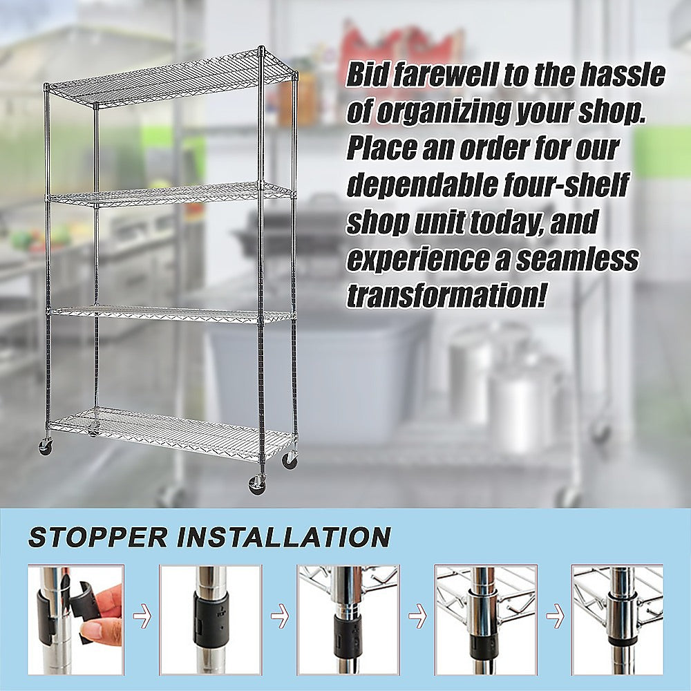 Modular Wire Storage 150x35cm Steel Shelving Chrome With Wheels For Garage Warehouse Or Kitchen Organisation V63-841391